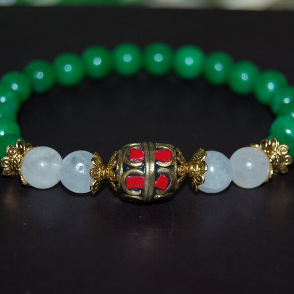 Jade Bracelet,Bronze Coral Charm,Jade and Red Bracelet - Picture 2 of 2